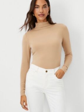 Ann Taylor Women's High-Neck Long Sleeve Top - Beige